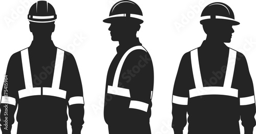 Construction worker silhouette, safety gear, hard hat, reflective vest, industrial safety, high visibility, PPE, profile view, occupational safety, outdoor work
