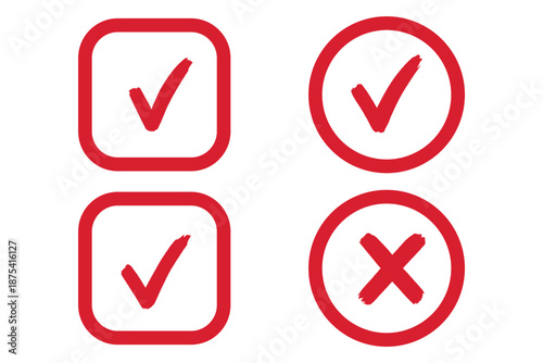 Check tick mark icon set. Cross box x check mark checkbox v list vector draw hand drawn sketch doodle brush marker checklist symbol wrong right circle. Vector Illustration