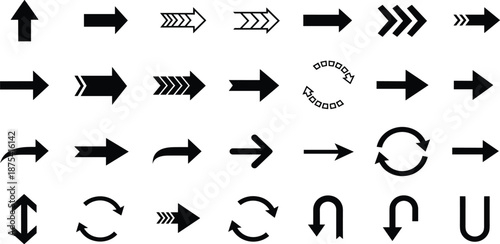 Set of diverse black arrow vector icons for intuitive navigation and graphic design, symbolizing direction, movement, and progression in user interfaces and digital media