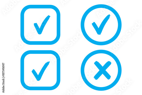 Check tick mark icon set. Cross box x check mark checkbox v list vector draw hand drawn sketch doodle brush marker checklist symbol wrong right circle. Vector Illustration