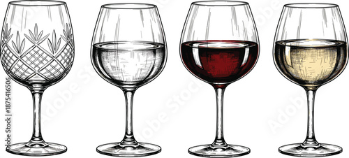 Wine glass collection with red and white wine, crystal glassware and drinks vector flat illustration set