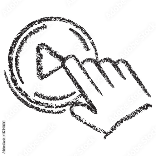 Vector icon of a hand pressing the Play button. Dark brown textured charcoal sketch in a linear style on transparent background. Start, launch, and multimedia activation concept