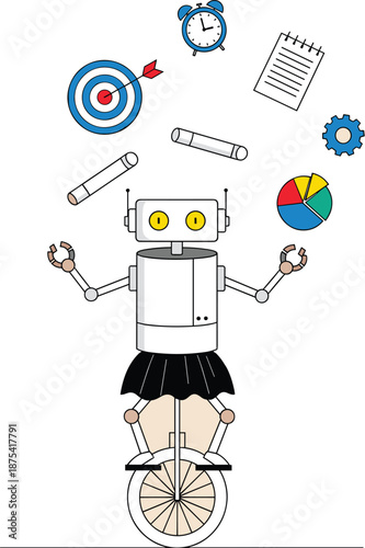 Cute robot multitasking vector illustration balancing on unicycle with productivity icons, playful flat cartoon design perfect for technology, education, and creativity concepts