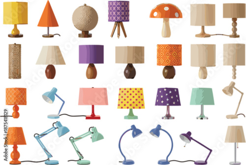 Table and desk lamp vector illustration set with modern, vintage, and decorative lighting designs, colorful cartoon style perfect for interior design and home decor graphics