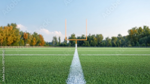 Green football field with goalposts under a clear blue sky surrounded by lush trees, ideal for sports photography and outdoor activities.