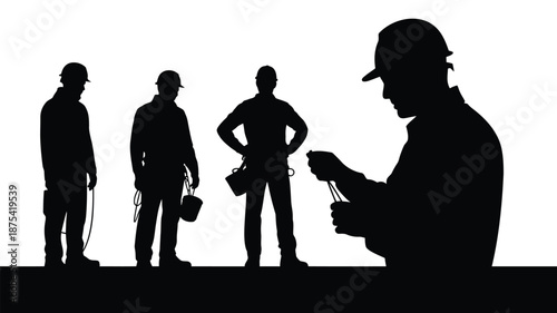 Silhouettes of construction workers with tools on white background