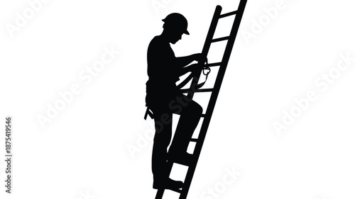 Worker in hard hat climbing ladder safely with harness