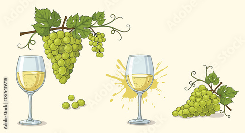 Fresh green grapes on branches with leaves paired with elegant glasses of white wine and artistic juice splashes on a light textured background.