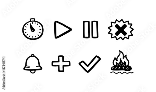Collection of hand-drawn icons representing common actions and symbols