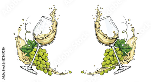 Symmetrical composition of two glasses of white wine with dramatic splashing liquid surrounded by bunches of green grapes and vine leaves.