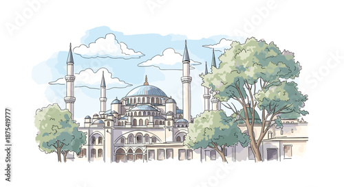 Beautiful architectural sketch of the blue mosque in istanbul featuring grand domes and minarets surrounded by lush green trees and soft clouds.