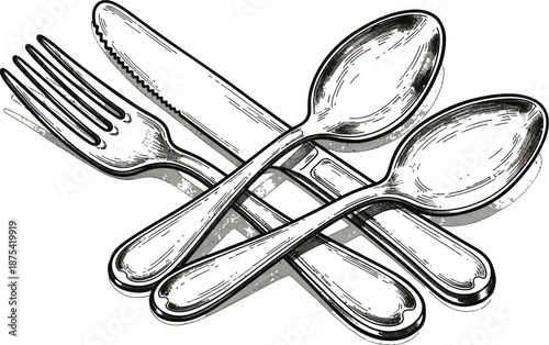 Vintage etched illustration depicts a crossed arrangement of essential silverware including a fork a knife and two different sized spoons ready for dining service.