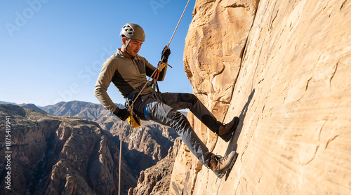Man rappelling down a steep rock cliff with climbing gear. Extreme sport and outdoor adventure in a mountain canyon