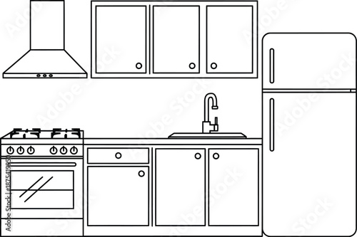 Simple black and white line art illustration depicting essential kitchen appliances and cabinetry layout for interior design planning or coloring books