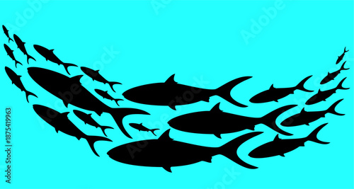 Imaginary art drawing of silhouettes of a group of fish swimming in a procession, isolated on a blue background. vector