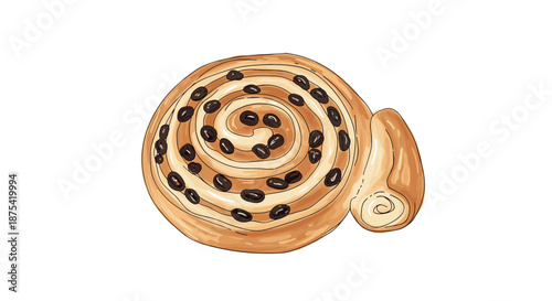 Detailed hand drawn illustration of a delicious cinnamon raisin roll pastry with golden brown dough and dark raisins for bakery menu designs.