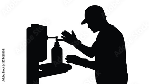 Man washing hands with soap dispenser in silhouette