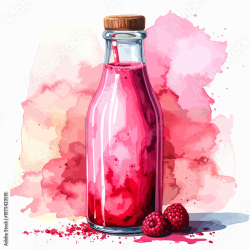 Glass Bottle of Raspberry Juice with Strawberries.
