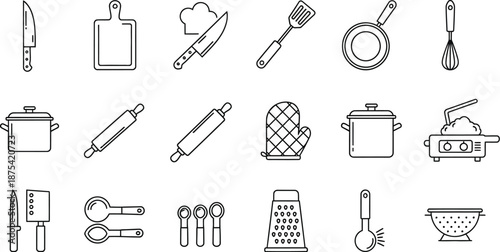 Collection of various simple black line art icons representing essential kitchen utensils and cooking tools arranged in a grid format