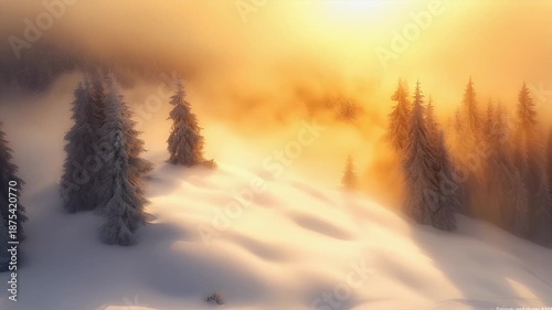 A digital artwork depicting a serene winter landscape during what appears to be either dawn or dusk. The scene is dominated by a soft, golden hue.