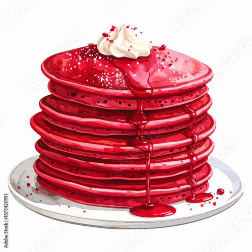 Stack of Red Velvet Pancakes with Syrup.