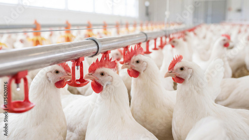 White chickens gathered in a modern, clean poultry farm facility. The birds are actively pecking at food from automatic feeders, a typical scene of commercial poultry farming and egg production.