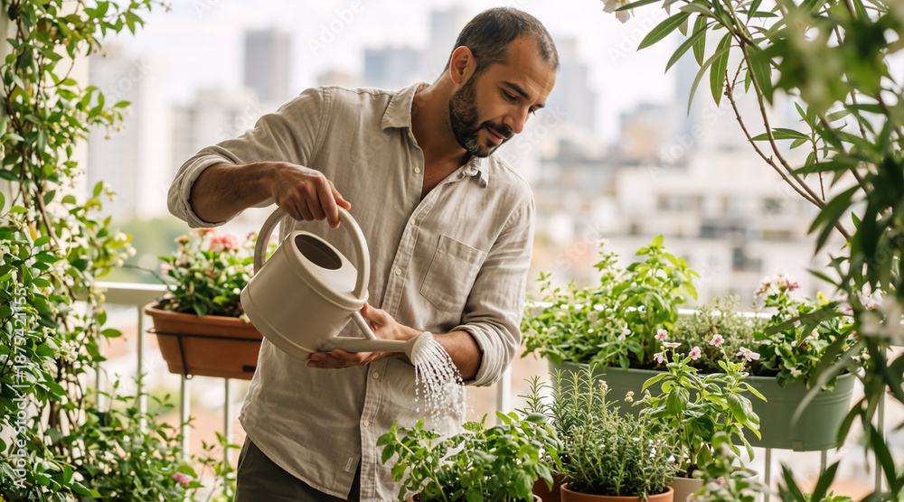 Obraz premium Man watering houseplants on an urban balcony. Male gardener caring for green plants and herbs with a city skyline background. Urban gardening and sustainable lifestyle concept