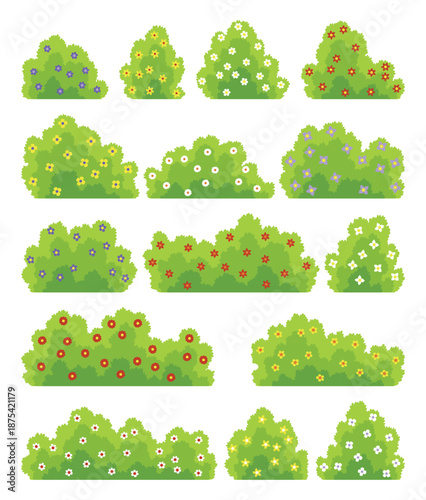 Bushes with flowers icon set. Cartoon forest and park shrubbery with floral elements. Landscape scene create element. Vector cartoon illustration
