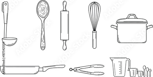 A collection of essential black and white line art icons depicting various baking and cooking utensils for kitchen recipe illustrations and design projects