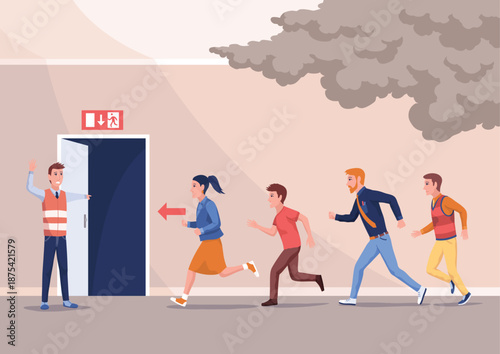 Pupils evacuation from school building flat color vector illustration. Students and staff emergency leaving. Kids follows escape route 2D cartoon characters with educational facility