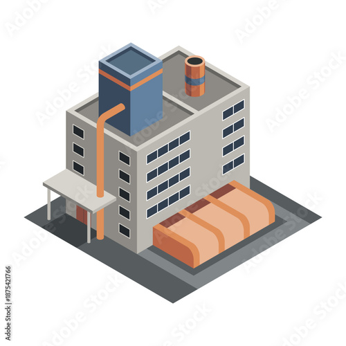 Factory isometric. Industrial bulding. Concept of industrial plant with chimney tower. 3d isolated icon. Architecture of manufacture house. Vector cartoon illustration