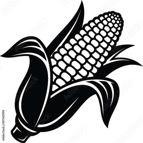 A striking black and white illustration showcases a single ear of corn with husk leaves emphasizing its natural form and texture