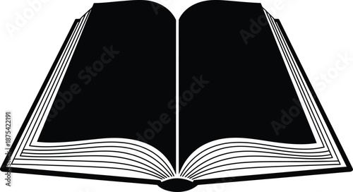 an open book with black pages and a visible spine is presented in a simple minimalist style suggesting knowledge and learning