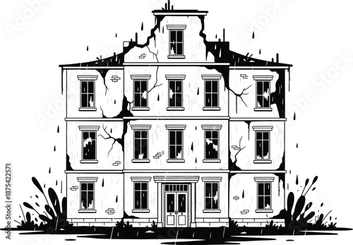Foto a detailed black and white illustration depicts a dilapidated three story house
