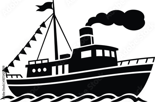 a simple black and white illustration depicts a vintage steam boat sailing on wavy waters emitting smoke from its chimney