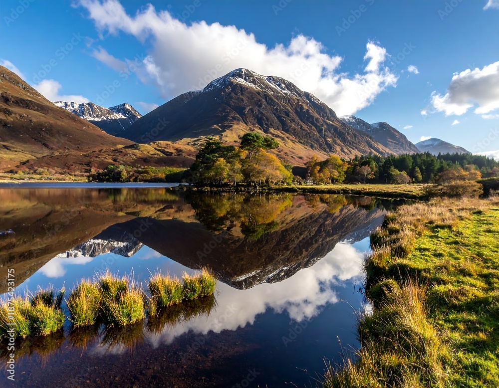 Obraz premium Mountains reflecting in serene lake beneath blue sky with soft clouds
