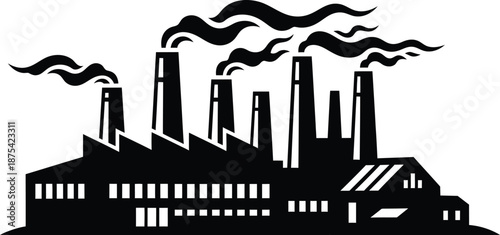 a stark black and white illustration depicts an industrial complex with multiple smokestacks emitting dark plumes of smoke symbolizing pollution