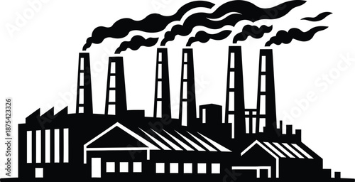 a stark black and white illustration depicts a factory complex with multiple smokestacks emitting smoke symbolizing industrialization and pollution high quality