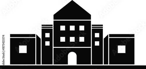 a simple black and white illustration depicts a symmetrical building facade with a central arched entrance and rectangular windows high quality