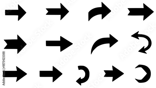 Collection of various black arrow icons featuring straight, curved, and share symbols isolated on a white background.