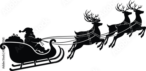 a silhouette depicts santa claus cheerfully riding in a sleigh pulled by a team of majestic reindeer through the winter sky