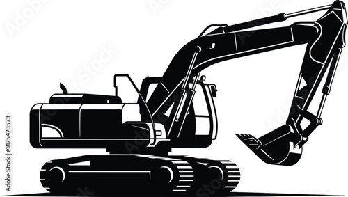 A detailed black and white illustration showcases a heavy duty excavator emphasizing its robust design and mechanical components for earthmoving tasks