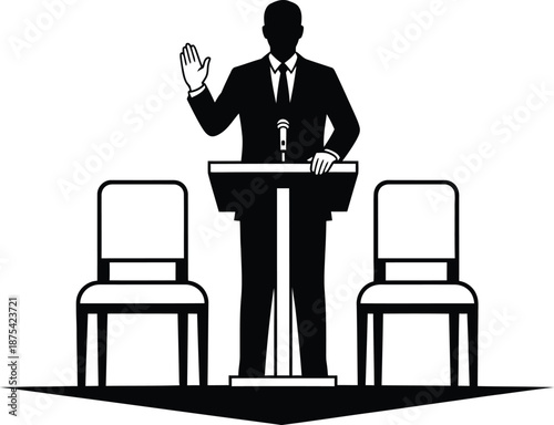 a minimalist black and white illustration features a suited figure gesturing while speaking from a podium with empty chairs visible in foreground