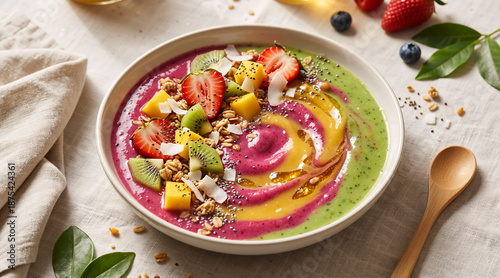 Wallpaper Mural Vibrant smoothie bowl with fresh fruit and granola. Healthy breakfast or snack with strawberries, kiwi, mango, and chia seeds Torontodigital.ca