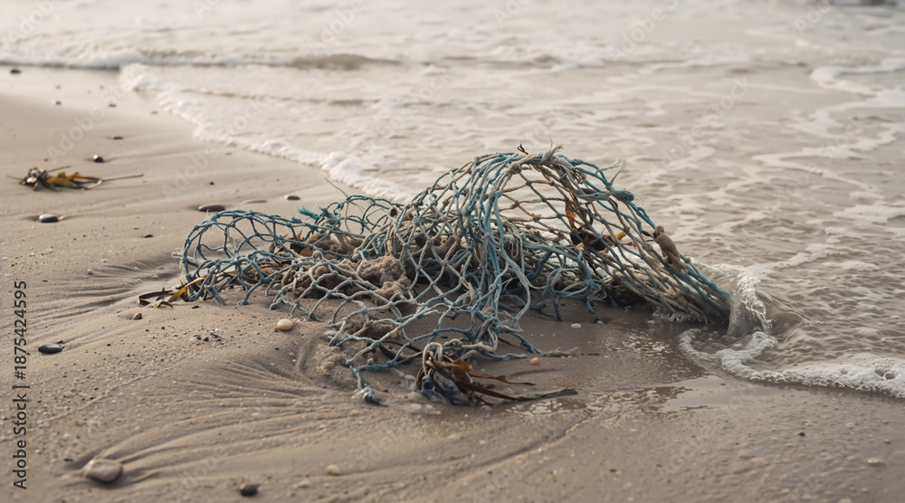 Obraz premium Discarded blue fishing net on a sandy beach. Ocean pollution and marine debris concept. Plastic waste and seaweed tangled on the shoreline. Environmental ecology and health impact