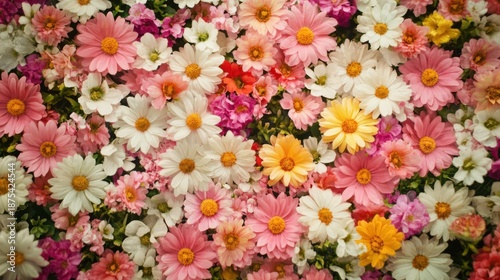 Floral tapestry of daisies in pastel hues creates a vibrant, textured background