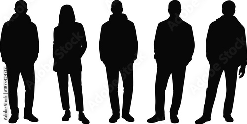 A diverse group of five full-body human silhouettes standing facing forward suggests a collection of potential employees or a varied crowd.