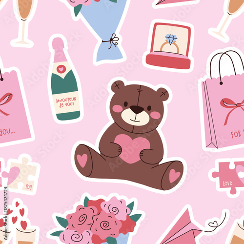 Hand drawn valentines day seamless pattern for gifts and wrapping with teddy bears and romantic elements.