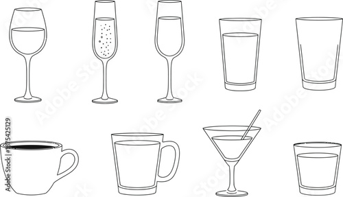 Collection of various outline beverage drinking vessels including wine champagne cocktail martini water and coffee mugs illustrating diverse liquid containers