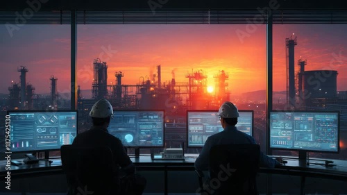 Refinery control room overlooking plant at sunset